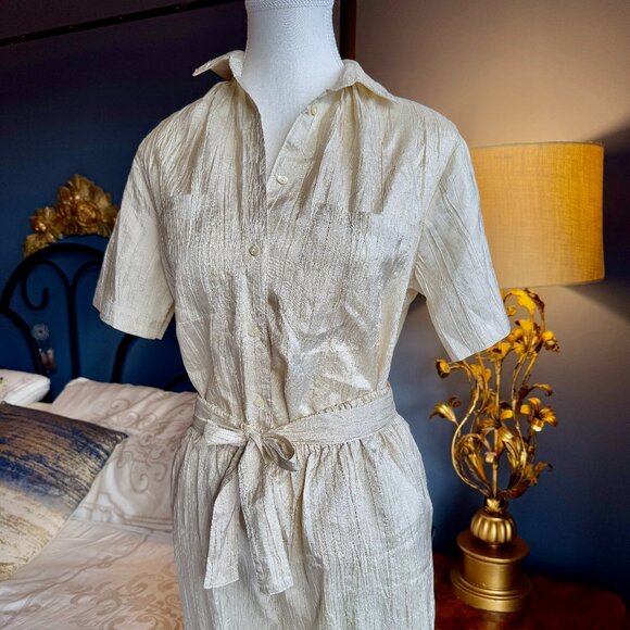 Vintage 80s Beige Crinkle Buttoned Shirt and Pants Set - Picture 3 of 13